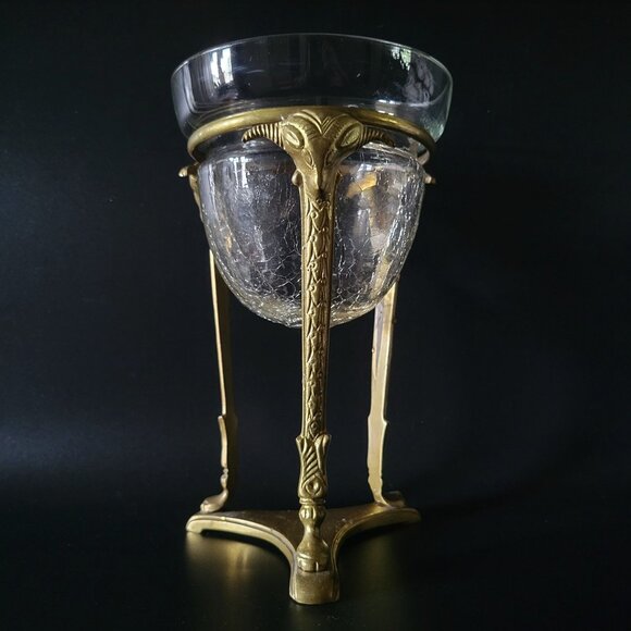 Unbranded Other - Large Vintage Brass Rams Head Stand with Crackle Glass Candle Holder / Bowl